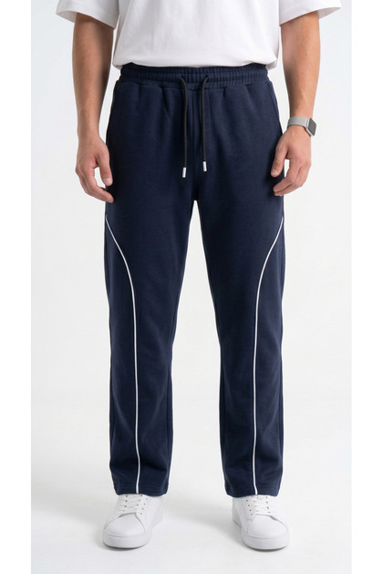 Men's Navy Blue Color Wide Leg Baggy Sweatpants with Front Piping and Back Pocket Detail