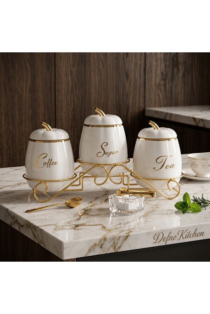 Porselen Standlı Coffee Sugar Tea Kavanoz Seti