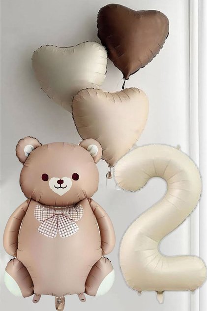 2-Year-Old Retro Hearts Cream Number Caramel Bear Birthday Set
