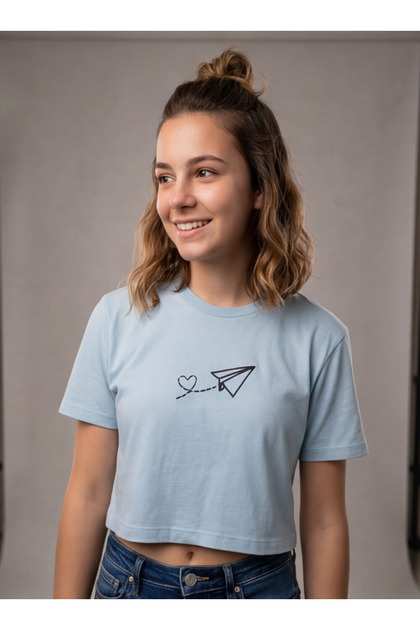 Women's Blue Crop T-Shirt Basic Embroidered Summer Short T-Shirt