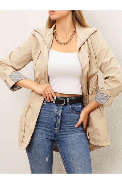 Women's Beige Zippered Pocket Seasonal Trench Coat Spring Thin Coat