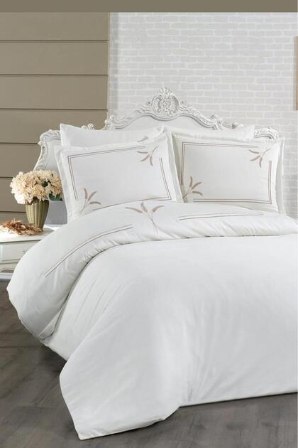 Harvest Cotton Satin Embroidered 6 Piece Duvet Cover Set Cream