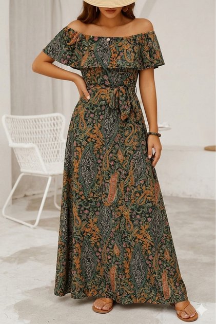 Women's Slit Off-The-Shoulder Long Patterned Single Jersey Dress with Ruffle Detail