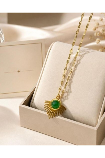 Green Stone Steel Necklace Gold Color Modern Stylish Design