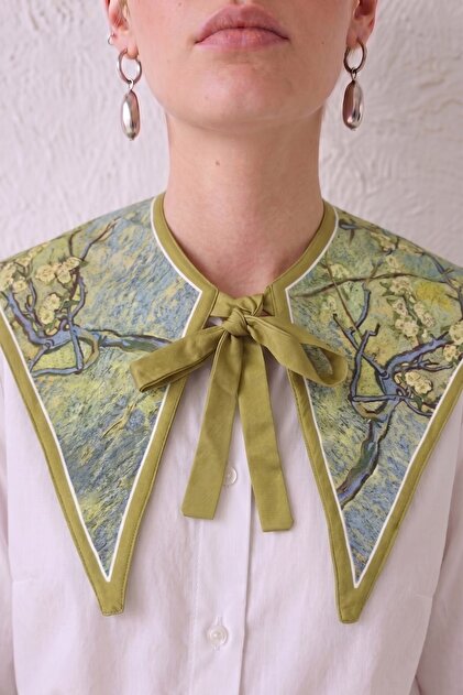 Women's Shawl Collar Accessory Oliva Blossom Green Blue – with Ties, Artistic Patterned