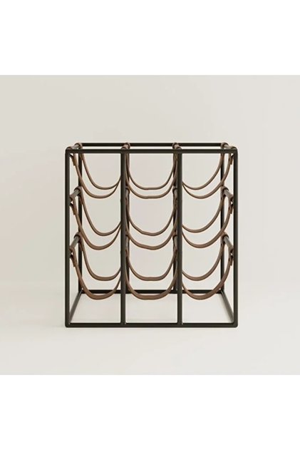 Rack And Cork - Modern Metal 9 Şişelik Raf, Doğal Deri Tutuculu Tezgah Üstü Bağımsız Şişelik