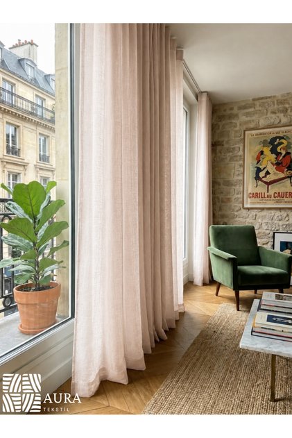 Paris Keten Tül Perde |Pudra Keten Ekstrafor Büzgülü Pilesiz Düz Dikim, Modern Dikim Keten Perde