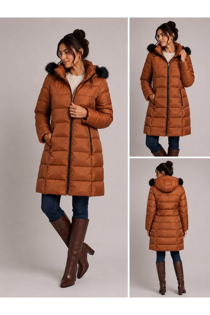 Women's Tan Hooded Zippered Puffer Coat