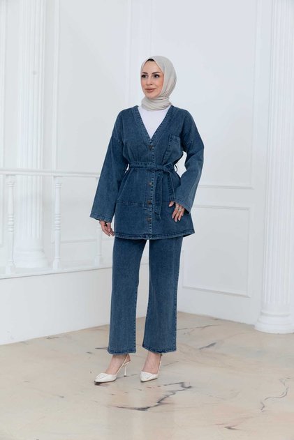 Denim Belted Oversize Trousers Jeans Set