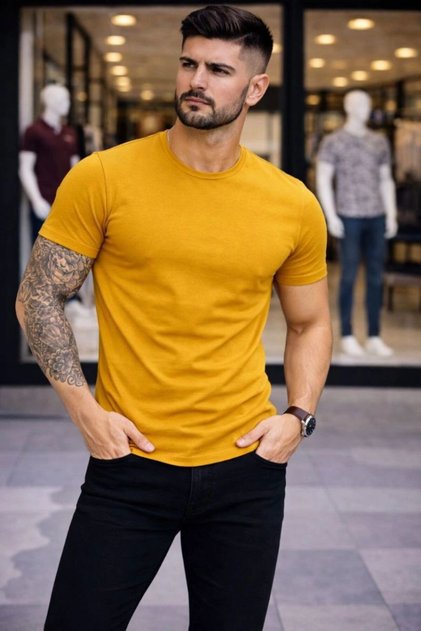 Men's Body T-Shirt Crew Neck Slim Fit Lycra T-Shirt - Lemon