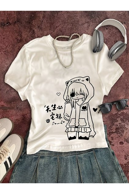 Kemer Boy Anime Lazy Neko Baskılı Crop Bluz