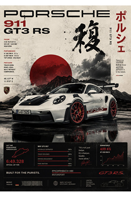 dwarıa Porsche 911 GT3 RS Japon Stil Premium Poster | 35x50