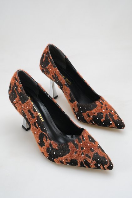 060 Women's Vivid Leopard Pattern Stoned Pointed Toe Silver Metallic Heels Evening Party Stylish Daily Combinations Evening Dress Shoes