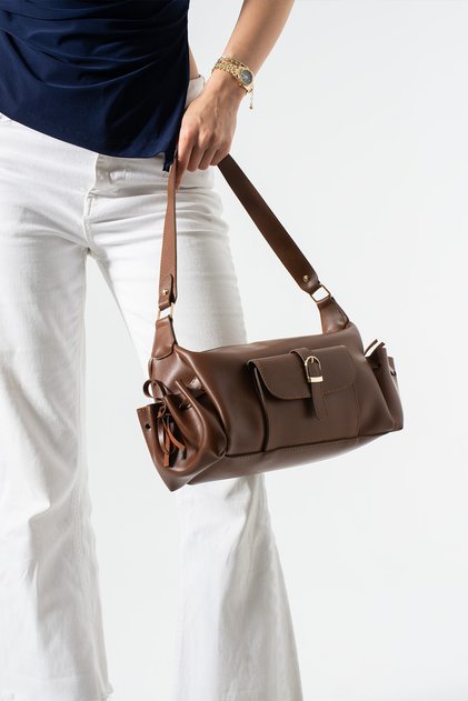 Modern Hand and Shoulder Bag with Buckle Front Pocket Detail, Large Stylish Side Pockets (Length 19 cm Width 33 cm)