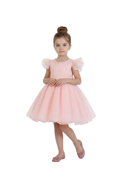 - Flutter Sleeve Tulle Party Dress - Pink - 2Y to 10Y
