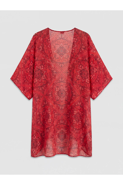 Kırmızı Şal Yaka Desenli Kadın Kimono