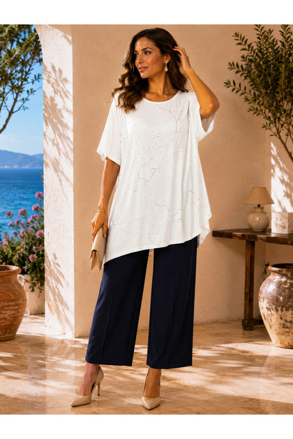 Women's Crew Neck Lightning Stone Embellished Viscose Stretchy Plus Size Oversized Short Sleeve Blouse