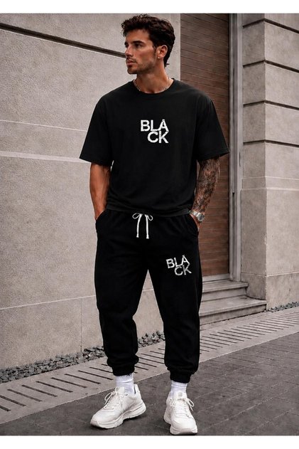 Unisex Wide Cut Tracksuit and T-Shirt Black Printed Set