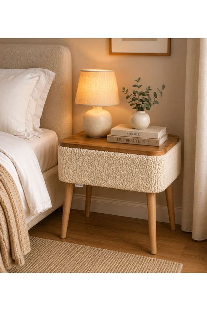 Nova Komodin, Teddy Kumaş Kaplamalı Ahşap Ayaklı Modern Komodin