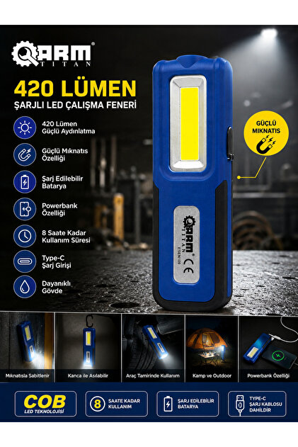 Arm 420 Lümen Şarjlı LED Çalışma Feneri | Mıknatıslı El Lambası