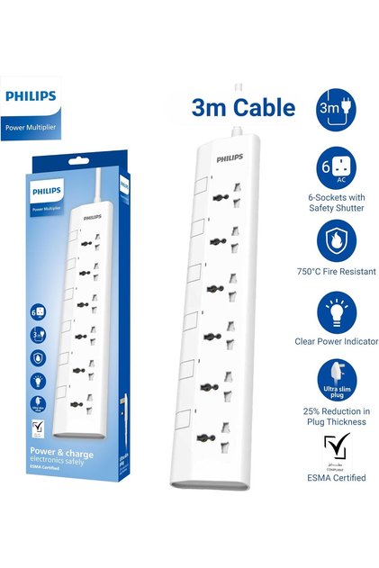 6-Way Universal Power Extension Cord 3M with Individual Switches, 2500W Overload Protection, 750°C Fire-Resistant, ESMA Certified – White