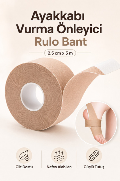 Ayakkabı Vurma Önleyici Rulo Bant 2.5 cm x 5 m – Topuk Koruyucu, Ayak Vurma Bandı, Cilt Dostu Nefes Alabilen Ayakkabı Vurması Önleyici Bant