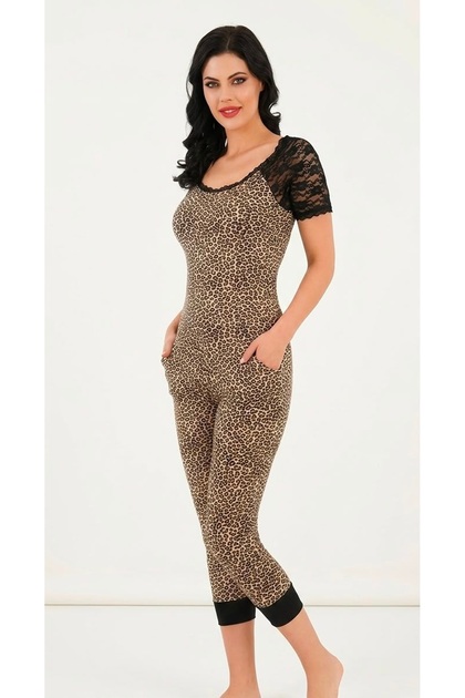 Women's Lycra Short Sleeve Bottom Tights Leopard Patterned Lace Detailed Capri Pajama Set 90% Cotton 10% Lycra