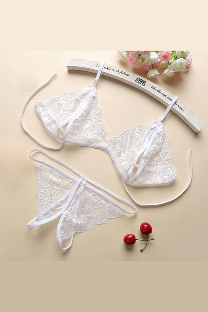 Women's White Ruched Bra Panty Set