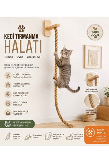 Premium Duvar Tipi Kedi Tırmanma Halatı Duvara Monte Aktivite Alanı
