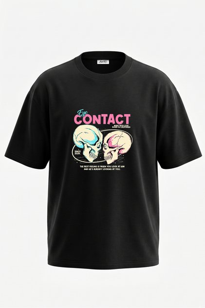 Eye Contact Skulls Design Back Printed Cotton Black Oversize T-Shirt