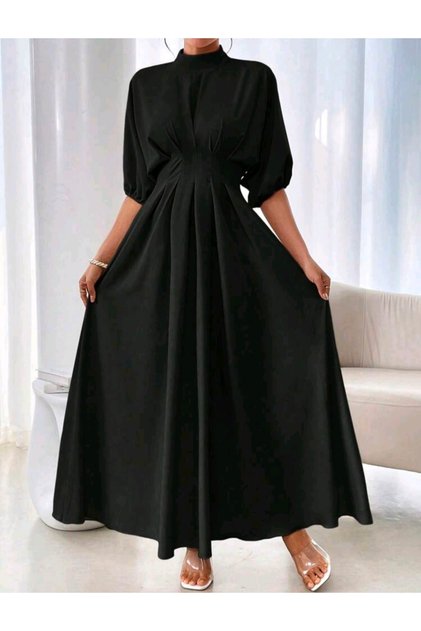 Black/Cream Crepe Fabric Long Dress with Waist Detail – High Collar, Hidden Zipper, Oversized Fit Stylish Dress