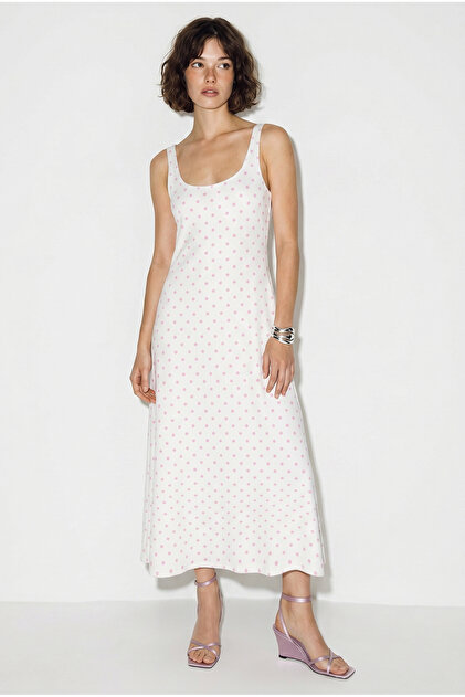 Women's White Pink Polka Dot Viscose Midi Dress with Back Tie Detail 4135 60286263