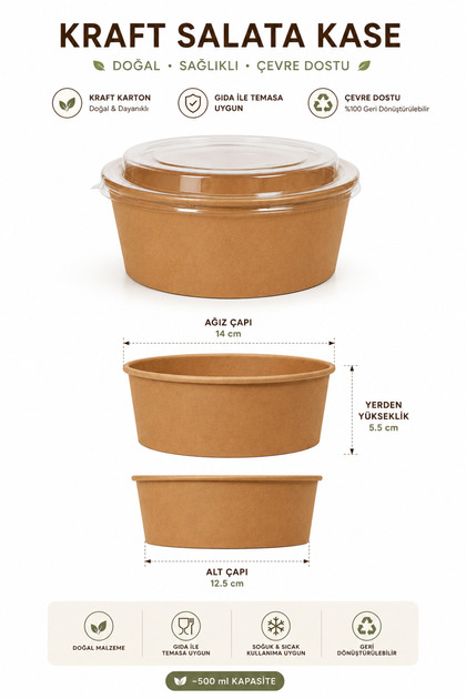 Kraft Karton Kapaklı Salata, Bowl, Makarna Kasesi 550 cc 10 Adet