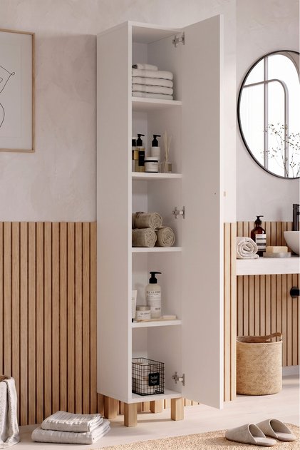 Oslo Tek Kapaklı Ahşap Ayaklı Çok Amaçlı Banyo Boy Dolabı Dar Alan Düzenleyici Beyaz OL5-W
