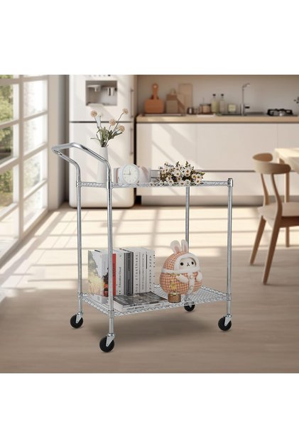 Heavy Duty Metal 2 Tier Trolley with Metal Wire Shelves Office Kitchen Storage and Transportation Chrome Plated 75 x 45 x 93 cm Heavy Duty Handle