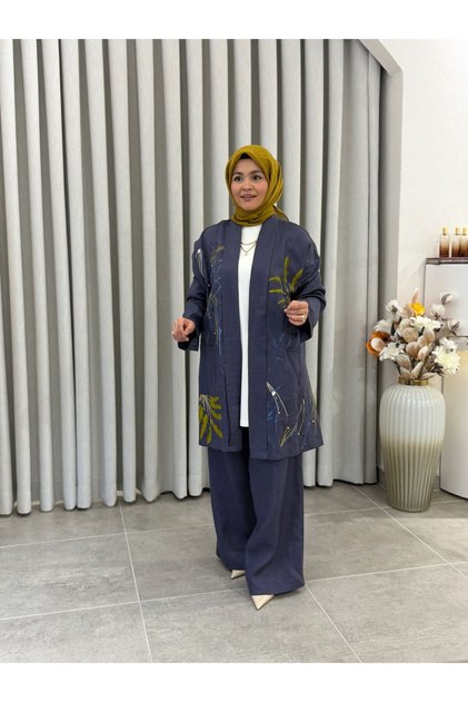 Patterned Linen 3-Piece Set Indigo