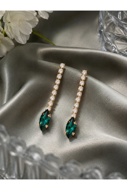 Marquise Cut Green Stone Dangle Evening Dress Stylish Earrings (Gold Color)