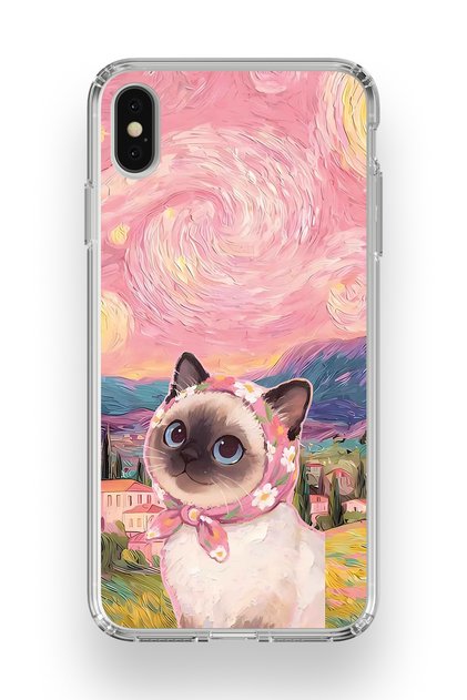 iPhone X / XS Compatible Van Gogh Themed Cat Pattern Transparent Phone Case