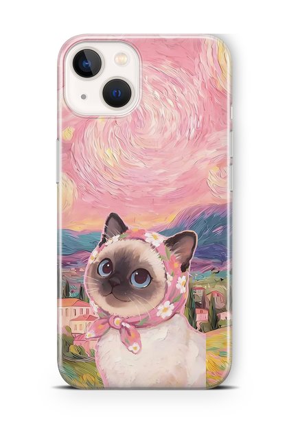 iPhone 13 Uyumlu Van Gogh Temalı Kedi Desenli Şeffaf Telefon Kılıfı