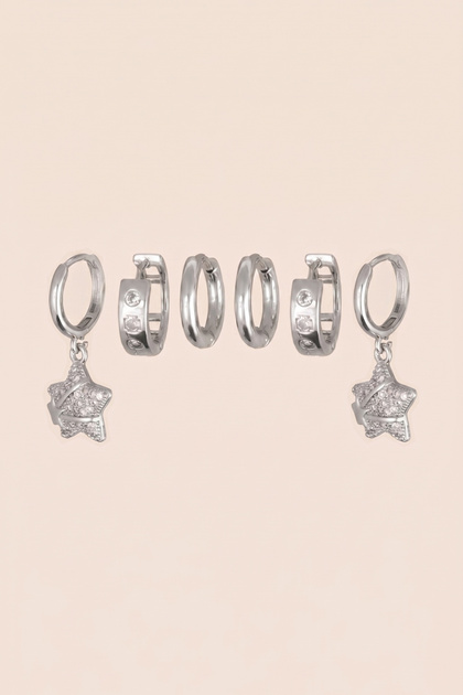 Silver Color Steel Zircon Stone Star Figured 6-Piece Hoop Earring Set