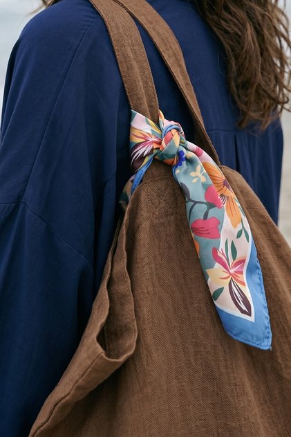 Floral Block Patterned Blue-Pink Bandana Scarf 50X50