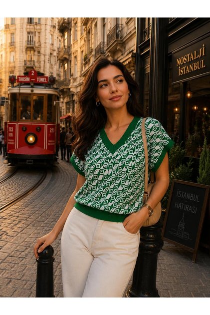 Women's V-Neck Square Patterned Stylish Sweater