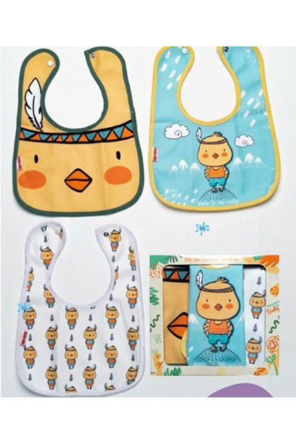 3 Pieces of Chick Patterned Baby Food Bib Microfiber - with Snap Fasteners
