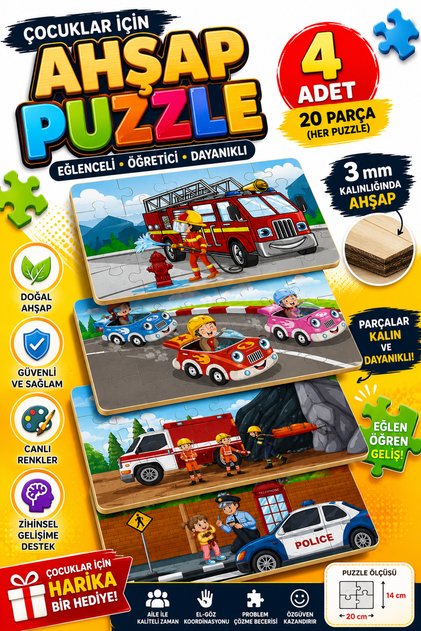 Eğitici Ahşap Puzzle 4'lü Set 20 Parça Okul Öncesi Yapboz Seti Sticker