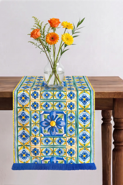 Azure Garden Cobalt Blue Tasseled 40X140Cm Runner