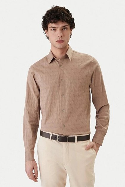 Long Sleeve Pocket Jacquard Men's Beige Shirt M6Gh18W1713-Fmaz