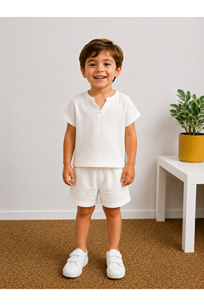 Girls' and Boys' White Muslin Shorts Set