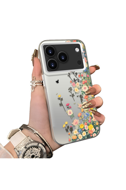 iPhone 17 Pro Compatible Silicone Edge Hard Back Case Couple Phone Case with Floral Pattern