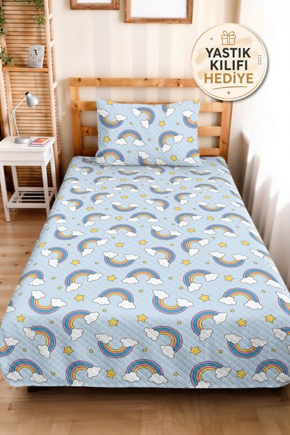 Rainbow Blue Boy's Room Pique Set-Cloud Star Lilac Yellow 160X220 cm Quilted Bedspread
