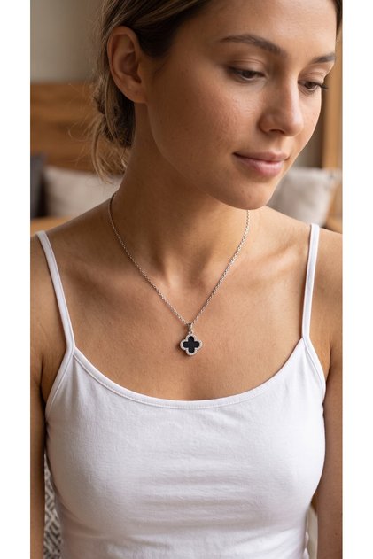 316L Steel Silver Color Black Enamel Zircon Stone Clover Figured Necklace